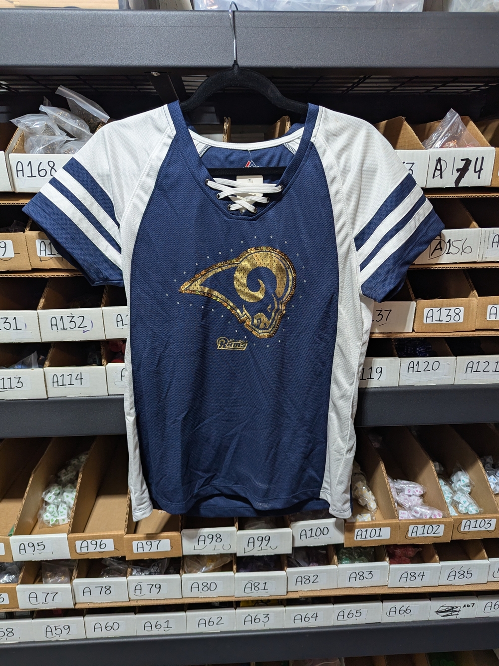 Majestic Navy Blue and White Los Angeles Rams Girls Lace-Up Jersey Top L Rare